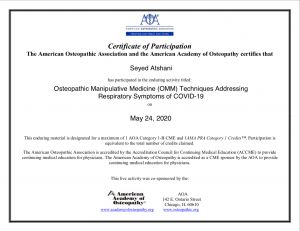 Certificate of participation in the AOA workshop for using manual osteopathic techniques addressing respiratory symptoms of COVID-19